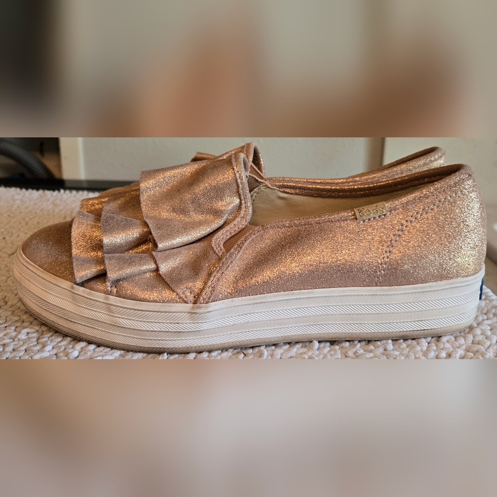 Keds Triple Ruffle Leather Rose Gold Sparkly Slip Ons